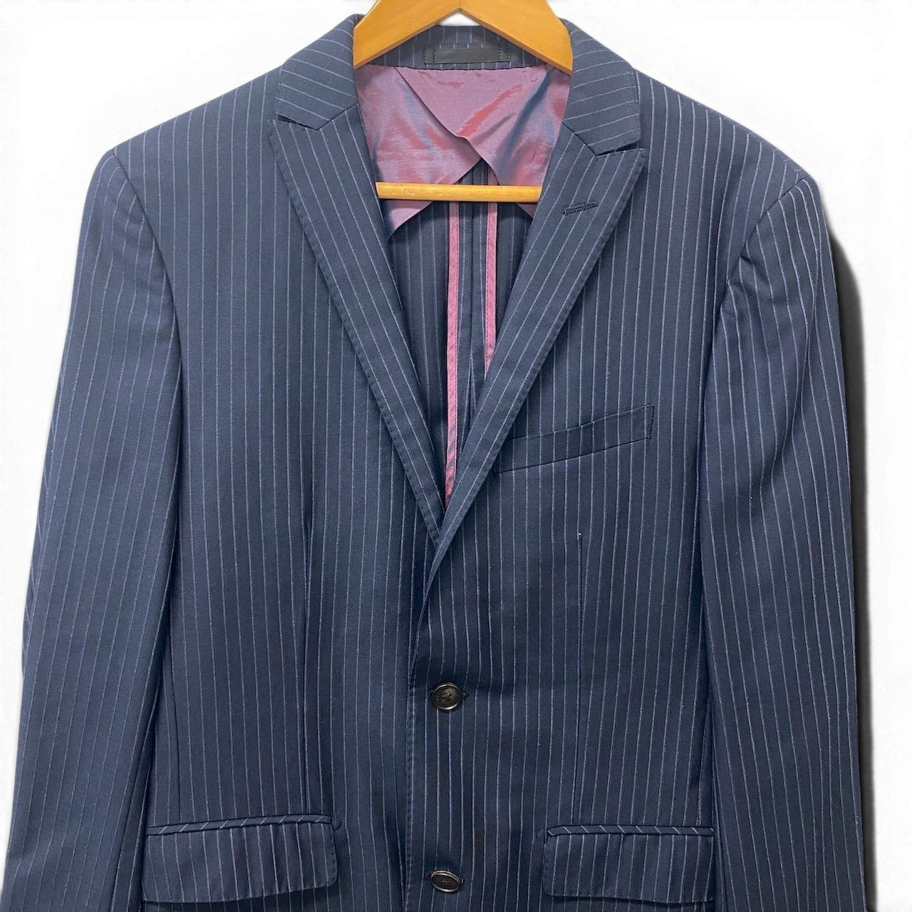 72e21 BURBERRY BLACK LABEL バーバリーブラックレーベル セットアップスーツ シングル 2B ストライプ柄 ウールシルク混 38R ネイビー メンズ 紳士服u02t