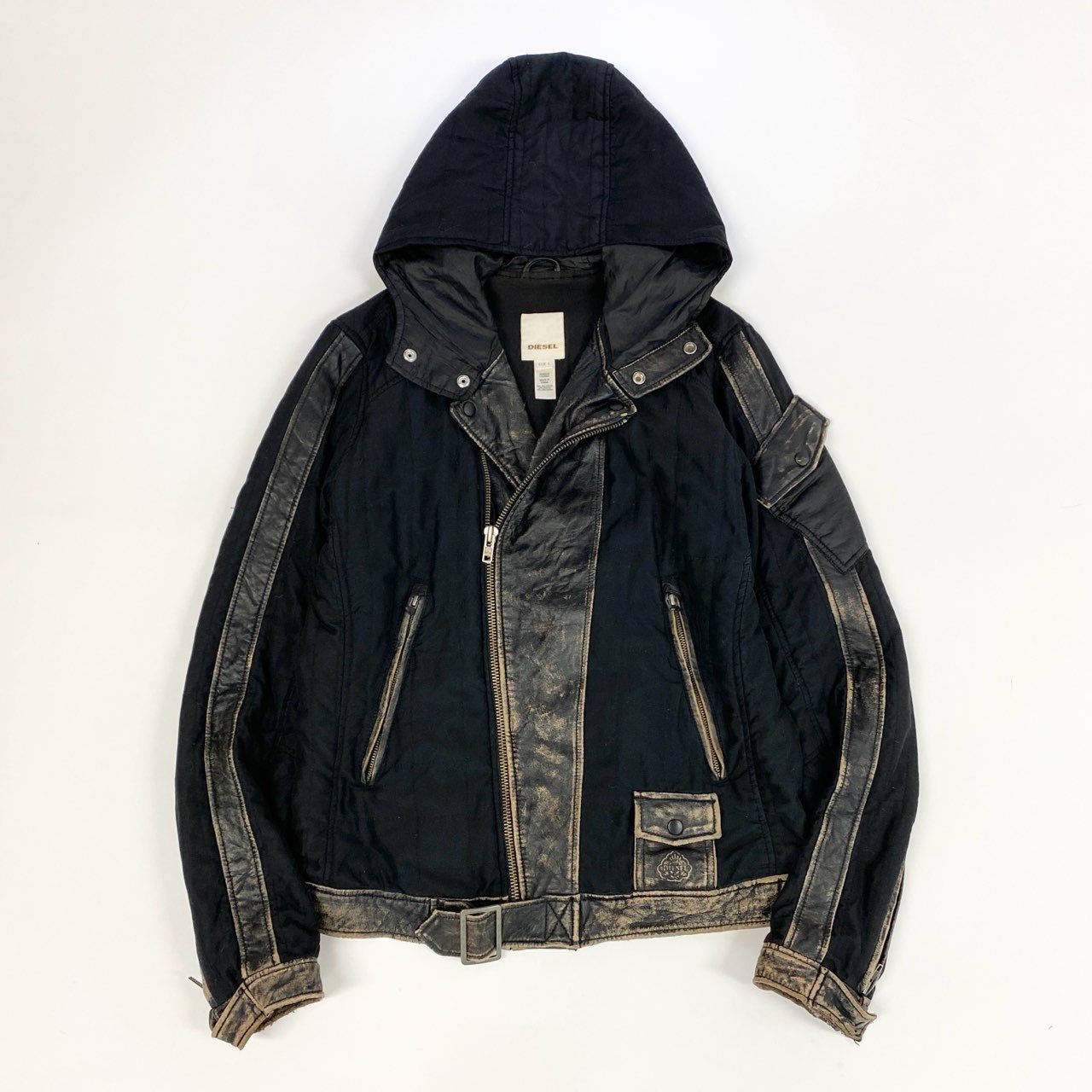 16k10 DIESEL ディーゼル ライダースジャケット  フーディー アウター ヴィンテージ加工 異素材切替 Lサイズ ブラック メンズu02t