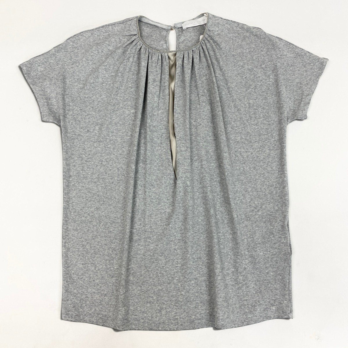 6i14 【新品保管品】FABIANA FILIPPI ファビアナフィリッピ 半袖リブカットソー ビジューネック フロントギャザーデザイン 42サイズ グレー レディース 女性用u02t