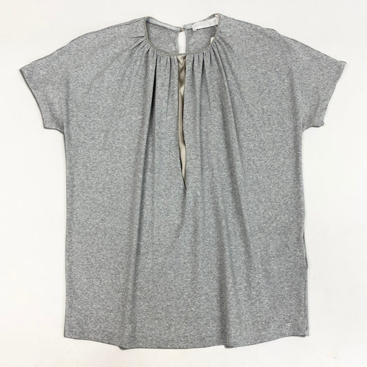 6i14 【新品保管品】FABIANA FILIPPI ファビアナフィリッピ 半袖リブカットソー ビジューネック フロントギャザーデザイン 42サイズ グレー レディース 女性用u02t