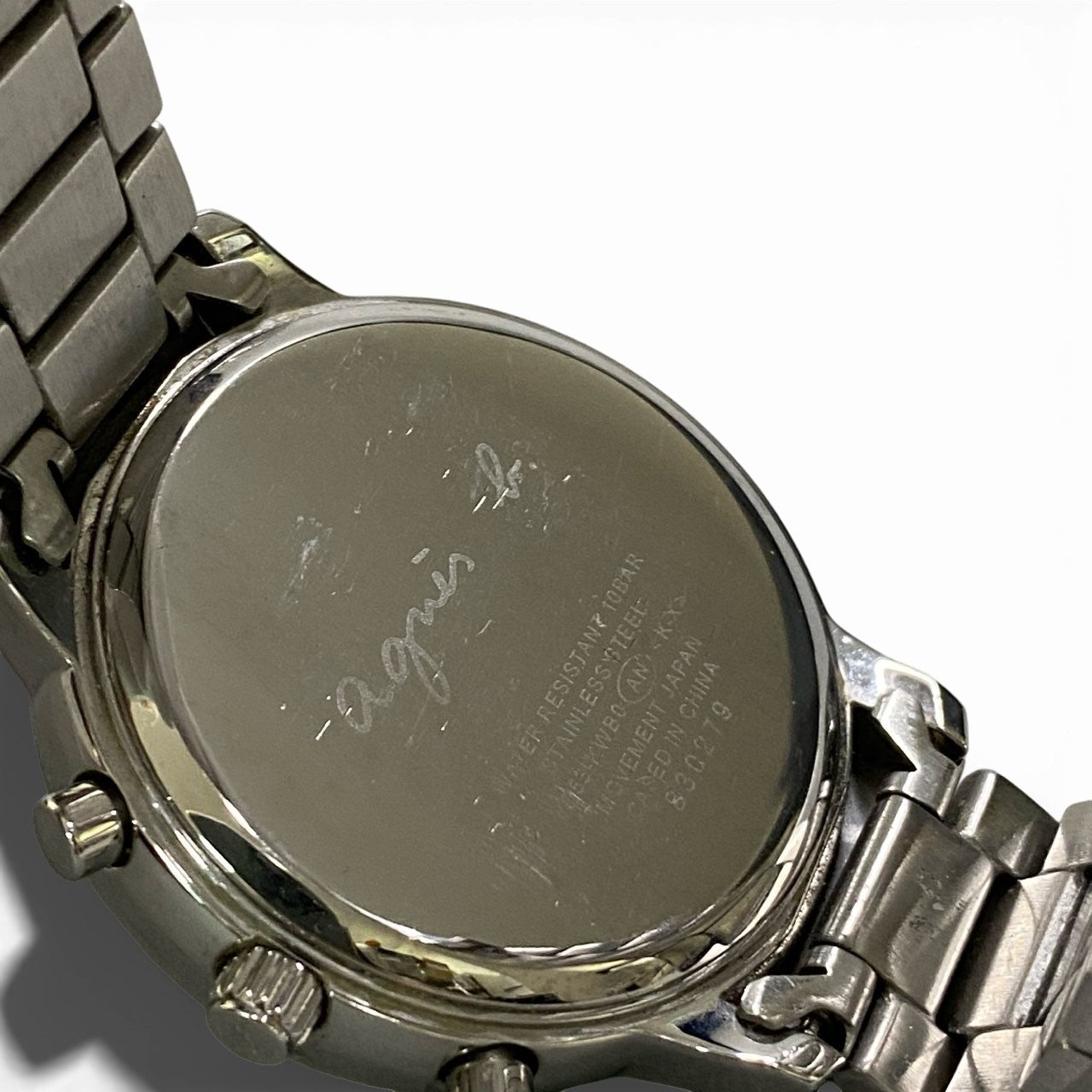 b12 【美品】 agnes b アニエスベー クロノグラフ デイト クォーツ 腕時計 QZ VD53-KWB0 シルバー ホワイト ステンレスk02i