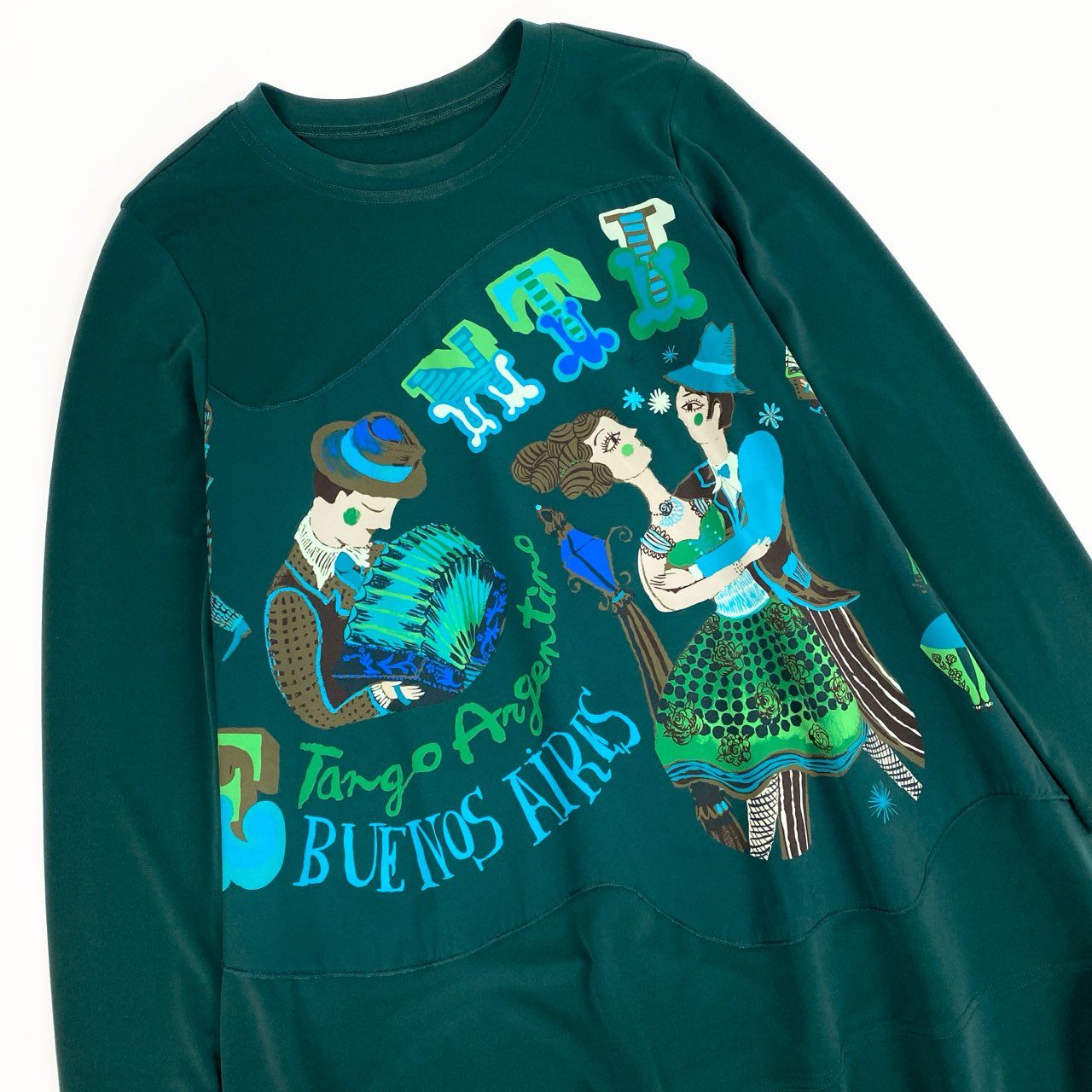 64a23 TOKUKO 1er VOL トクコプルミエヴォル 両面プリント 長袖ワンピース ロングワンピース ストレッチ素材 9 グリーン レディースu02t