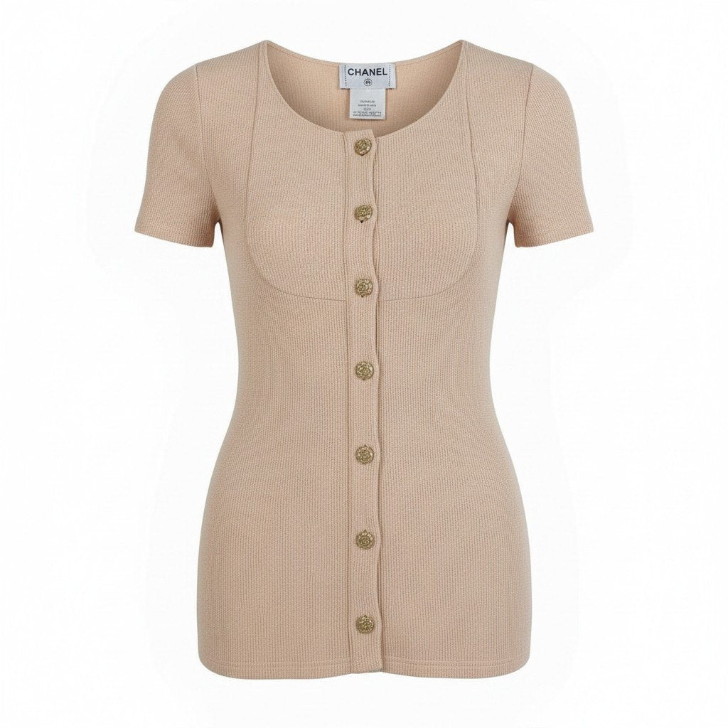 Ca14 CHANEL シャネル P51842 2015SS タイトフィット 半袖カーディガン トップス サイズ34 ピンク系 コットン/ナイロン/スパンデックスta1