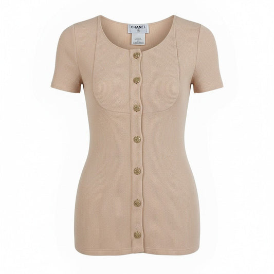 Ca14 CHANEL シャネル P51842 2015SS タイトフィット 半袖カーディガン トップス サイズ34 ピンク系 コットン/ナイロン/スパンデックスta1