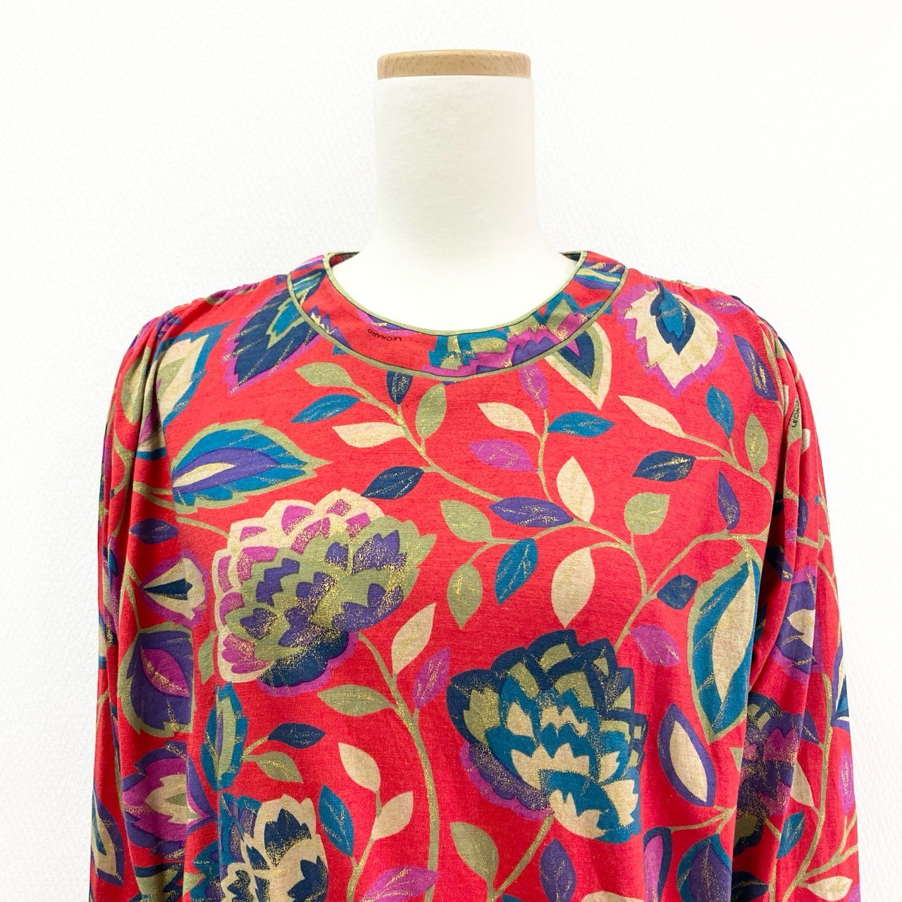 3K18 LEONARD レオナール 長袖カットソー ドルマンスリーブ 花柄プリント 裾リボン レディース 女性用 M レッド ウールシルクu02t