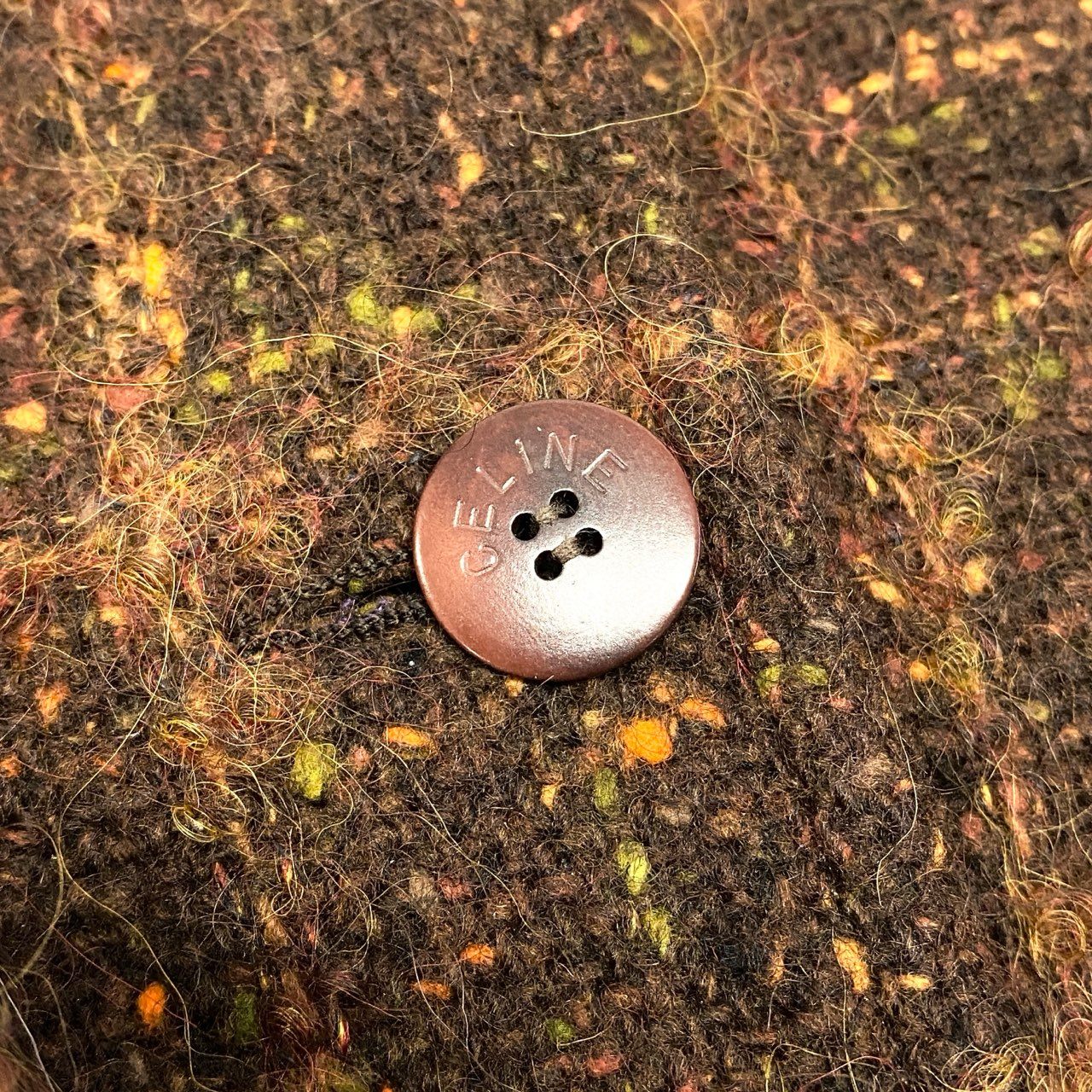 82a29 Vintage CELINE セリーヌ ツイード ジャケット スカート ゴールドチェーン 42 ブラウン ウールレーヨン フランス製u02t