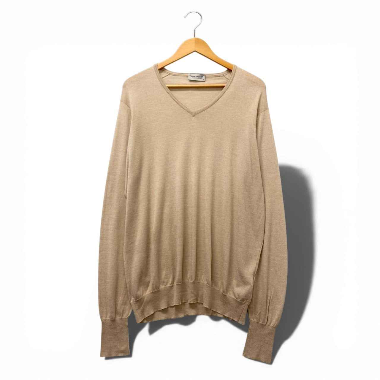6b17 JOHN SMEDLEY ジョンスメドレー Vネックニットセーター コットンウール イギリス製 XLサイズ ベージュ メンズ 男性用u02t