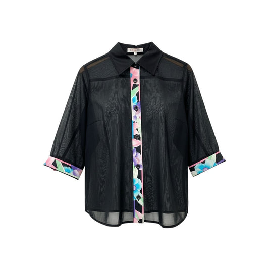 19b17 【美品】LEONARD SPORT レオナール スポーツ 七分袖シャツ シャツブラウス シースルー 美しい花柄プリント 0595283 42サイズ ブラック コットン100％ レディース 女性用u02t