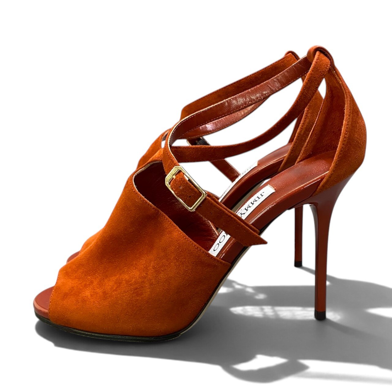 i1 JIMMY CHOO ジミーチュウ オープントゥ ストラップ ヒールサンダル サイズ36 オレンジ系 スウェードレザー レディースk02i