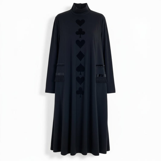 51b27 【美品】 TOKUKO 1er VOL トクコプルミエヴォル ハイネック ロングワンピース ロングスリーブ トランプ柄 フリンジ装飾 レディース 女性服 サイズ9 ブラックu02t