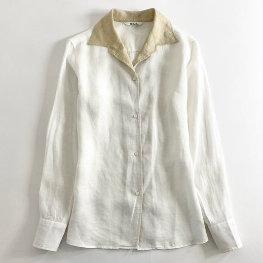 53e1 Loro Piana ロロピアーナ オープンカラー リネンシャツ 42 ホワイト ベージュ LINEN 100％ 長袖 イタリア製 麻 春夏 SHIRT