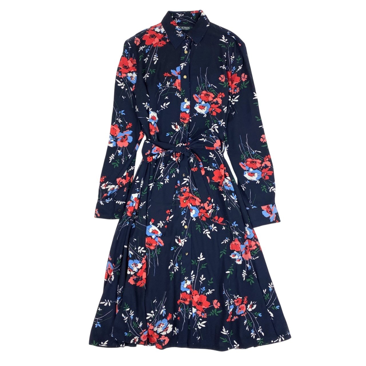 31b11 LAUREN RALPH LAUREN ローレンラルフローレン 長袖ロングワンピース 花柄ワンピース シフォン ペチコート付 8 170/96A マルチカラー ポリエステル100％ レディースo07t