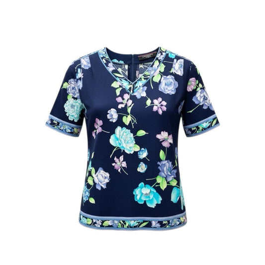 9c20 LEONARD レオナール 美しい花柄プリント 半袖カットソー Tシャツ トップス LL ネイビー コットン レディースu02t