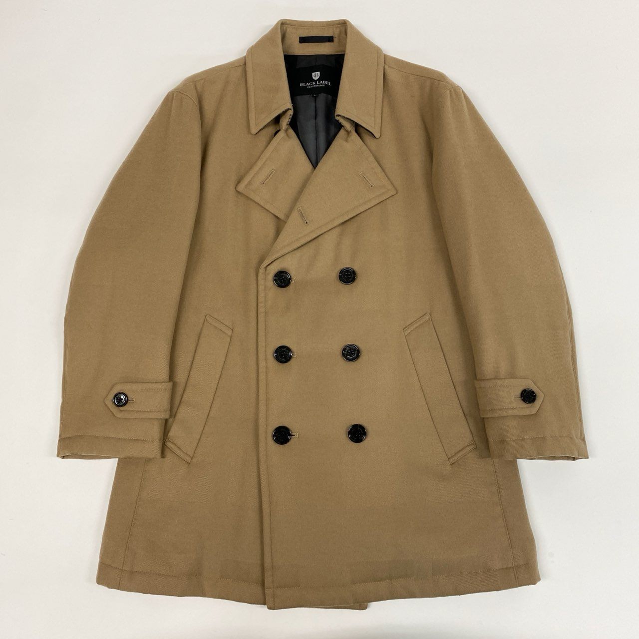 84j5 BLACK LABEL CRESTBRIDGE ブラックレーベル クレストブリッジ チェック柄 ダウン ピーコート ハーフコート ジャケット 51F15-614-46 Lサイズ ベージュ ウール 羊毛 メンズo07t