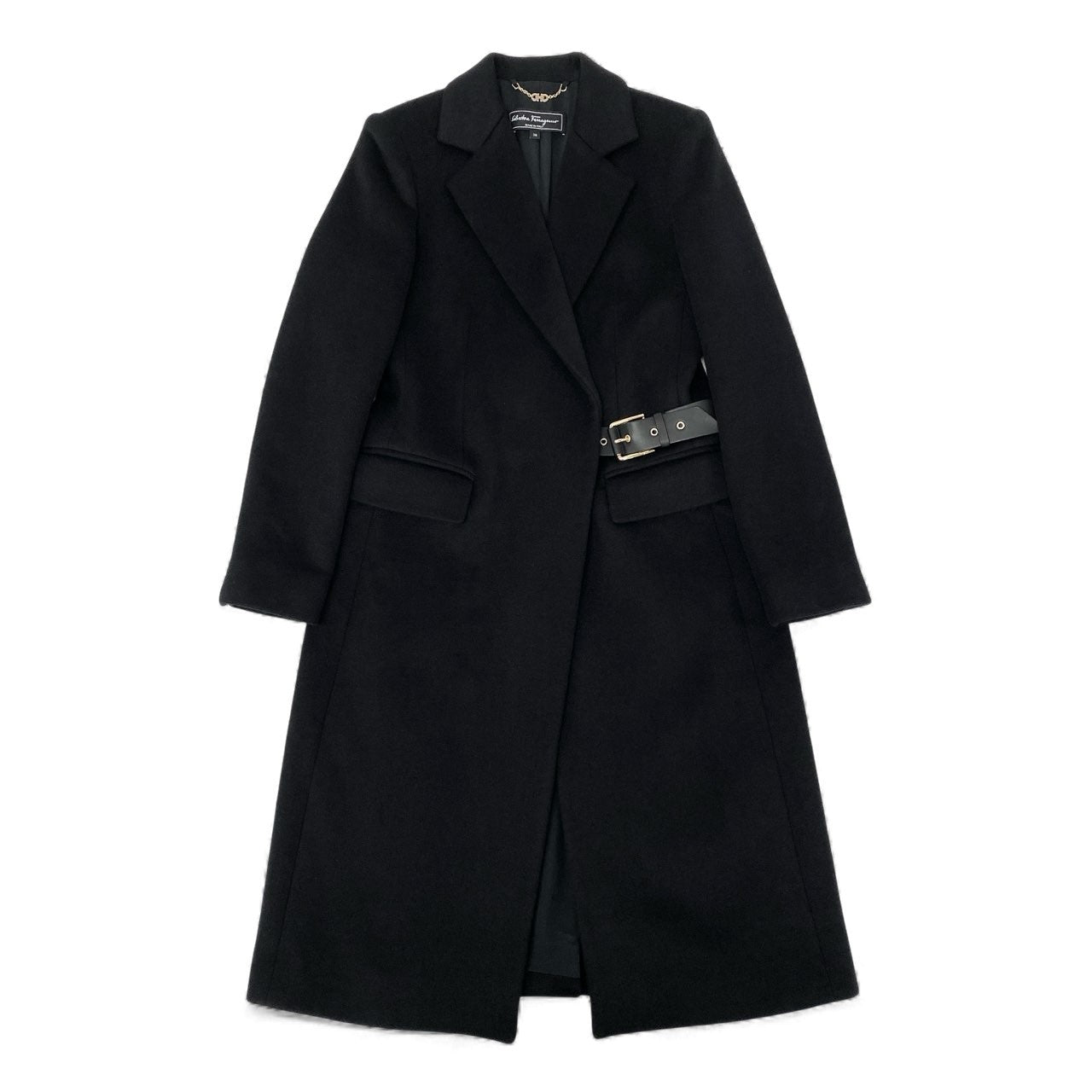 24k28《美品》 Salvatore Ferragamo サルヴァトーレフェラガモ チェスターコート ロングコート レザーベルト 38 ブラック カシミヤ100 レディース イタリア製u02t