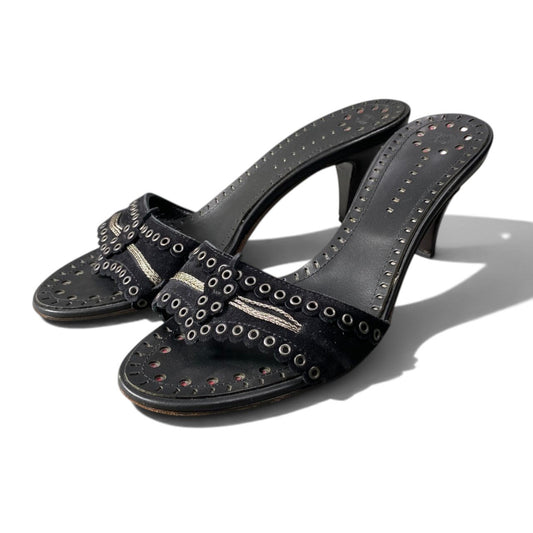 h12 CHANEL ハトメスタッズ キトンヒールミュール サンダル 36 1/2サイズ ブラック レディース 女性用k02i