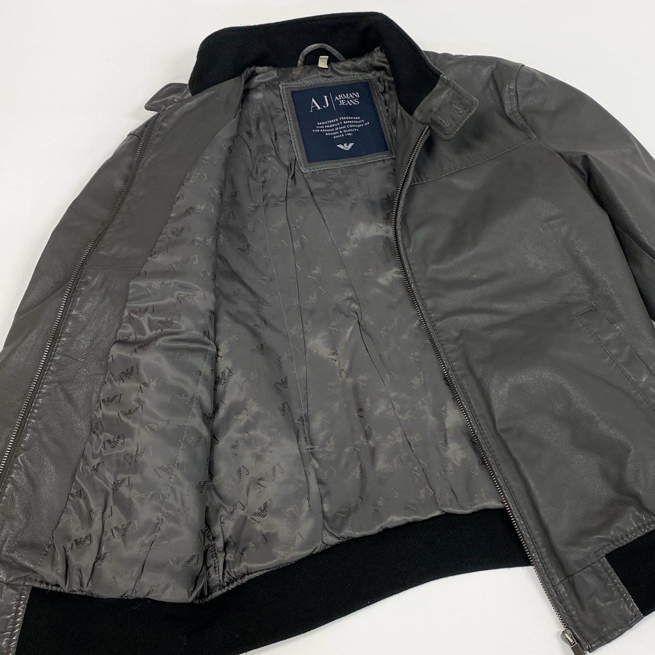 8j10 ARMANI JEANS アルマーニジーンズ レザージャケット ドリズラージャケット ハリントンジャケット 90's アーカイブ スウィングトップ Sサイズ グレーブラウン メンズu02t