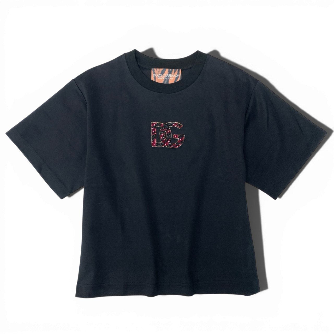 Ic5 《極美品》 DOLCE&GABBANA ドルチェアンドガッバーナ ビーズロゴ ドロップショルダー Tシャツ Embroidered Logo T-shirt サイズXS ブラック D&Gt18r