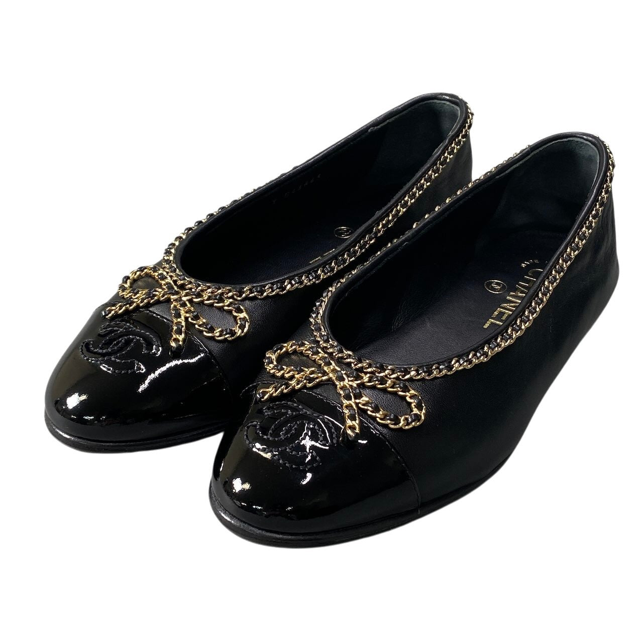 《極美品》 CHANEL シャネル 25B リボンチェーン バレリーナシューズ Ballerina Pumps Gold Chain G46663 36 1/2 ブラック ラムレザーt18r