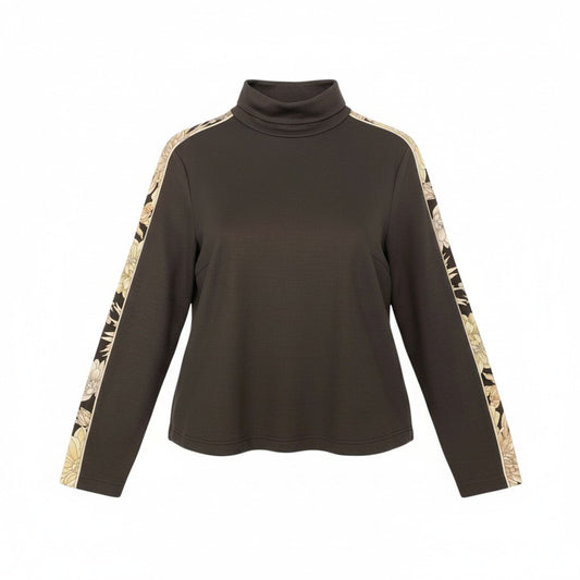 79k21 LEONARD FASHION レオナール ロングスリーブ カットソー ハイネックプルオーバー  美しい花柄プリント レディース 女性用 L ブラウン ウールシルクu02t