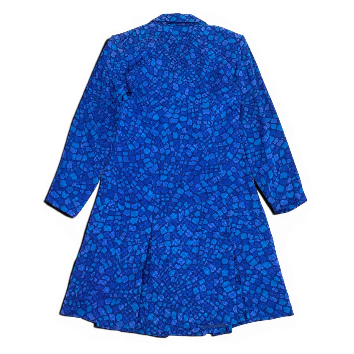 55f4 YVES SAINT LAURENT イヴサンローラン ロングシャツコート 薄手 総柄プリント 金ボタン サイズ34 ブルー シルク100％ レディース 女性服o07t