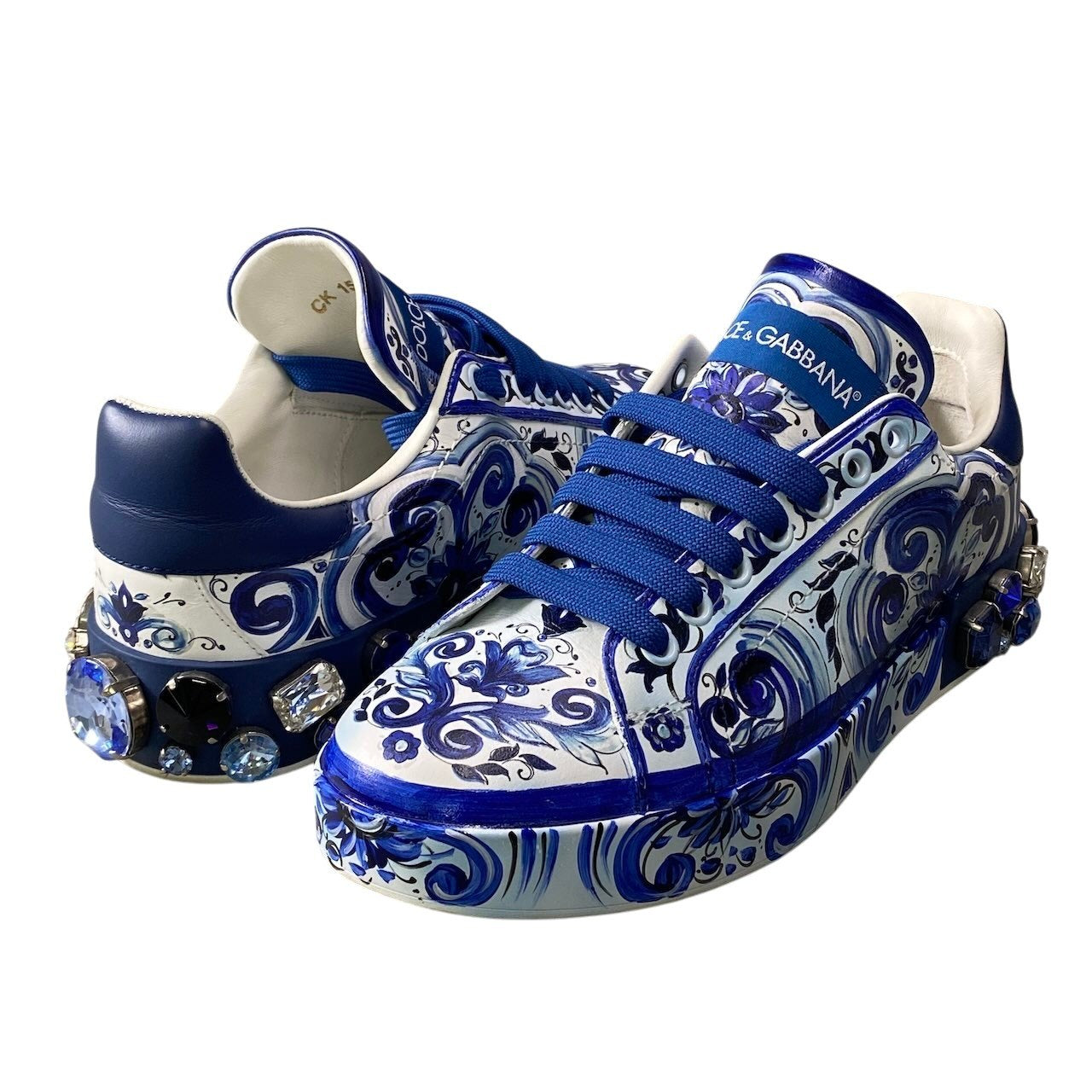 【美品】 DOLCE&GABBANA ドルチェアンドガッバーナ ポルトフィーノ ビジュー スニーカー マヨリカ ハンドペイント サイズ37 ブルー ホワイト レディースk02i