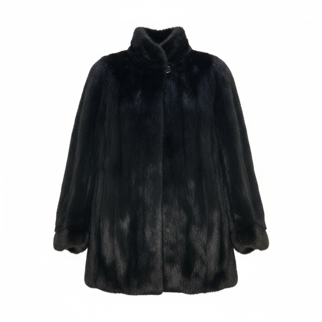 42k14【美品】毛皮コート ファーコート ダークミンク ミンクファー セミロングコート 裏地花柄 シルク ブラック レディースu02t