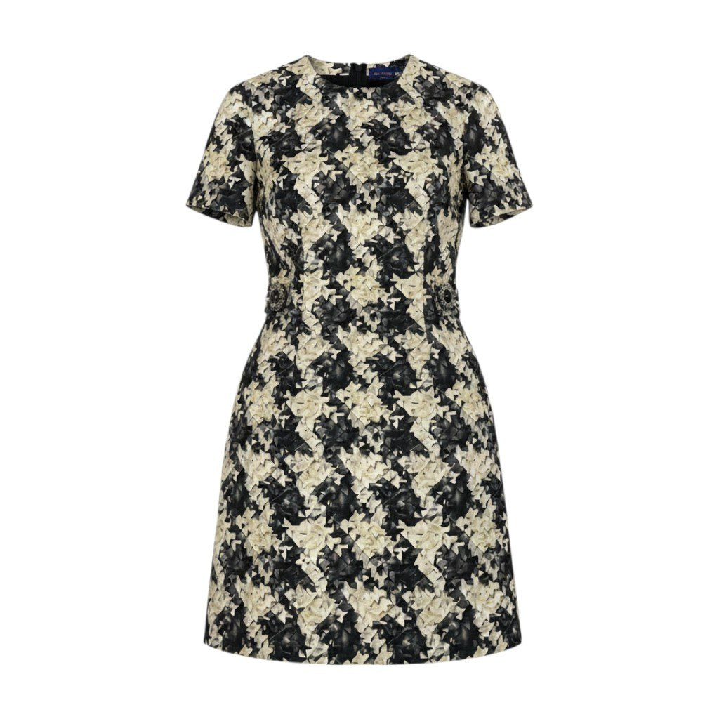 h28 《未使用品》 LOUIS VUITTON ルイヴィトン 2024年 半袖ワンピース 総柄ワンピース ひざ丈 FQRO79 34 ブラック ホワイト シルクu02t