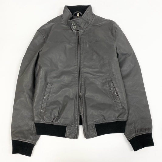 8j10 ARMANI JEANS アルマーニジーンズ レザージャケット ドリズラージャケット ハリントンジャケット 90's アーカイブ スウィングトップ Sサイズ グレーブラウン メンズu02t
