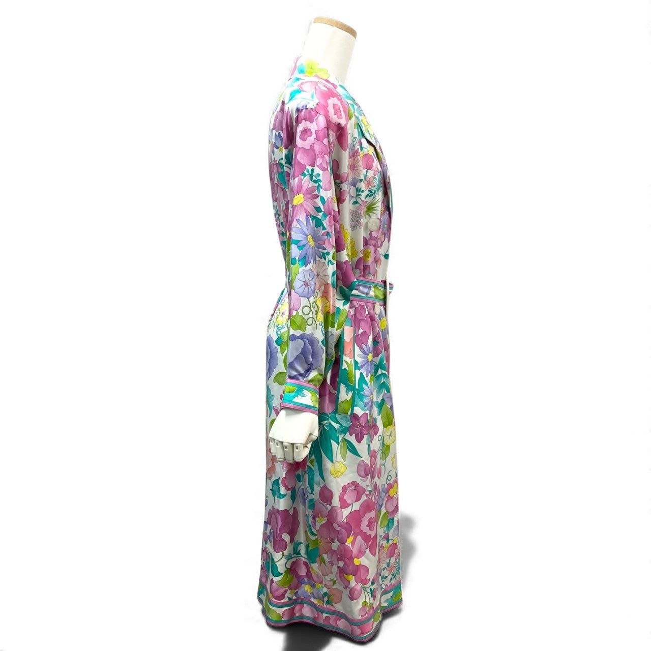 21k14 LEONARD FASHION レオナール ダブルブレスト ロングコート 美しい花柄プリント ウエストベルト レディース 女性用 9AR マルチカラー シルク100％u02t