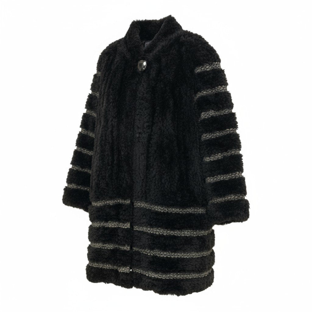 44k14 Erom Roche エロムロシェ ヌートリア ファーコート 毛皮コート 装飾ボタン ボーダー 11号 ブラック グレー レディースu02t
