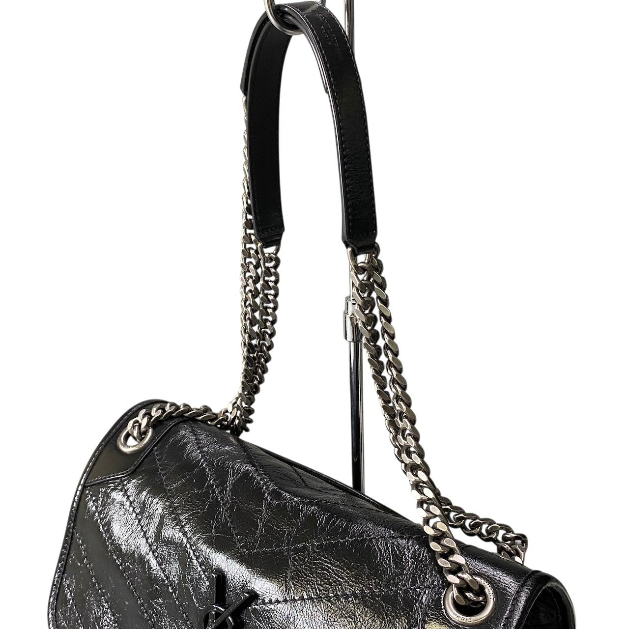 YVES SAINT LAURENT イヴサンローラン YSL Niki ニキ チェーンショルダー 2way バッグ ブラック シルバー レザー レディースta1