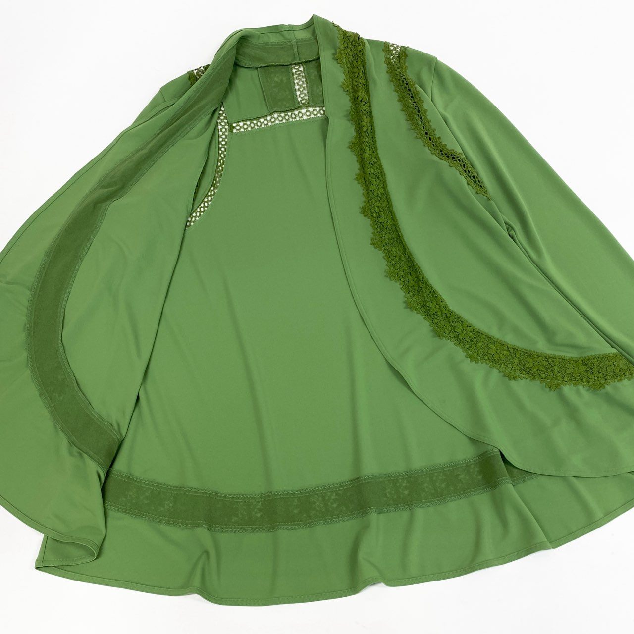 52b27 TOKUKO 1er VOL トクコプルミエヴォル ロングカーディガン 長袖 レース装飾 レディース 女性服 サイズ9 グリーンu02t