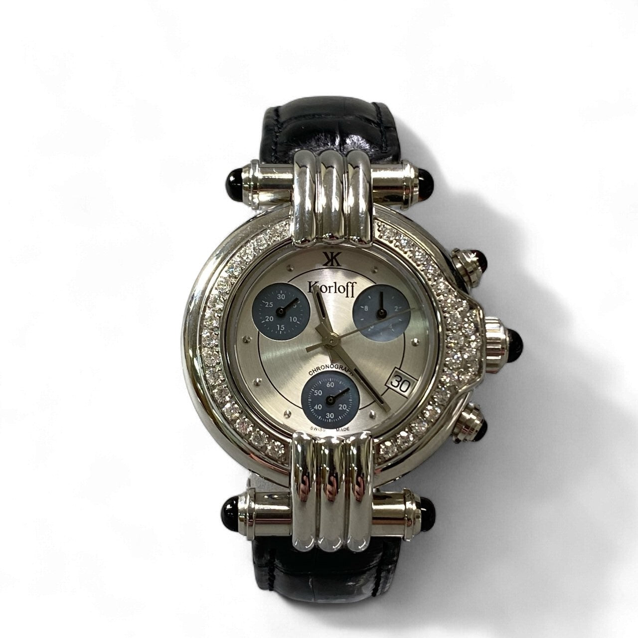 k18《美品》 Korloff コルロフ クロノグラフ クォーツ レディース 腕時計 LC6D シルバー ブラック 高級腕時計 ケース 保証書付きt18r