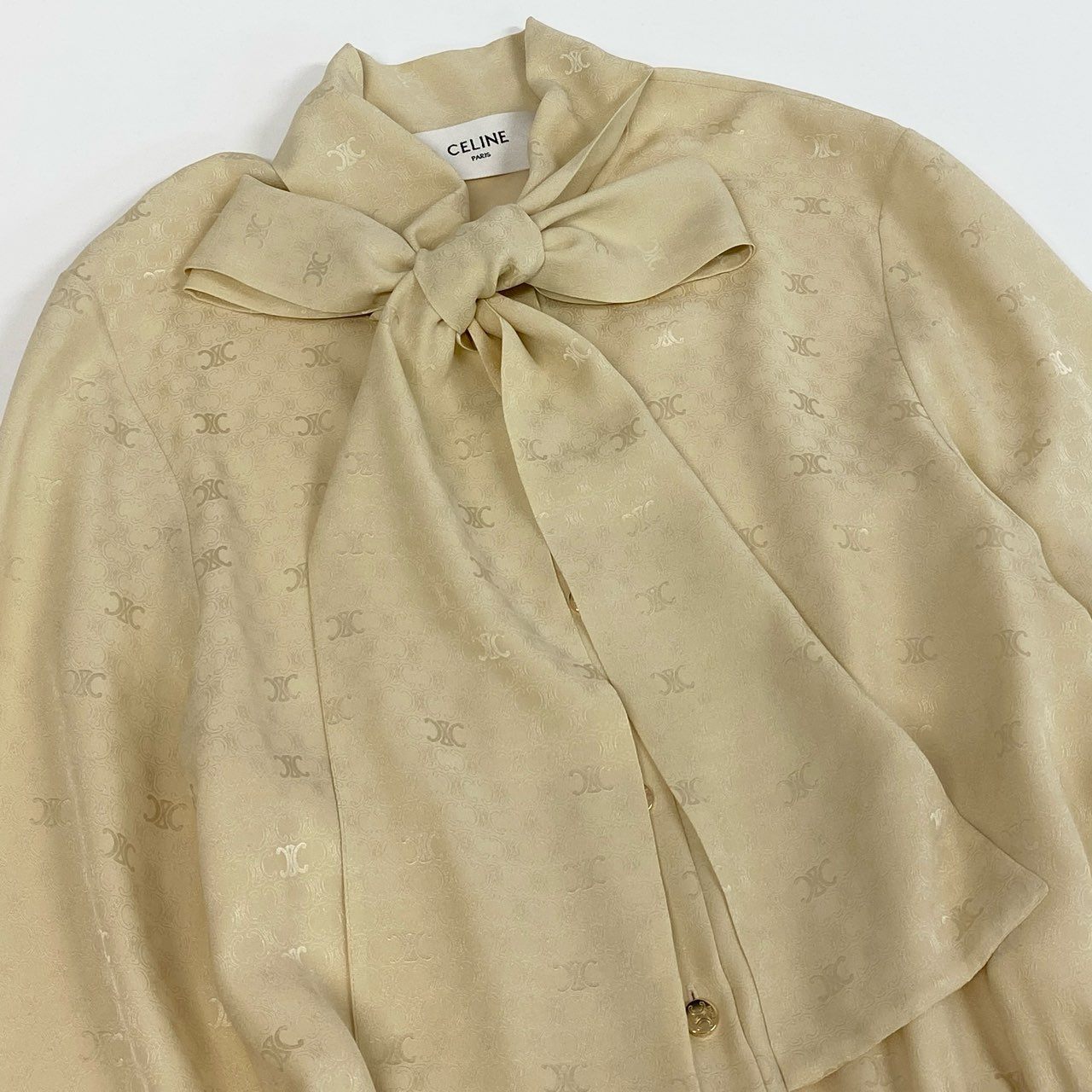 b23 CELINE セリーヌ ラヴァリエール トリオンフ柄 ボウタイ シルクワンピース ロングワンピース サイズ36 アイボリー レディース 女性用ta1