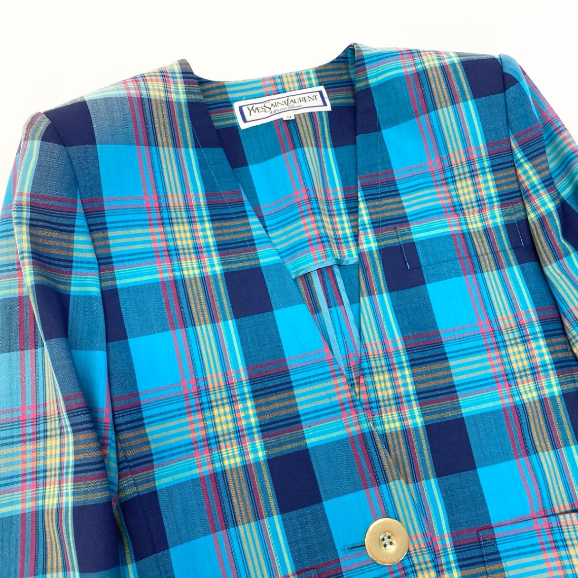 11e27 YVES SAINT LAURENT イヴサンローラン ノーカラージャケット マドラスチェック 金ボタン サイズＭ マルチカラー ウール100％ レディース 女性服u02t