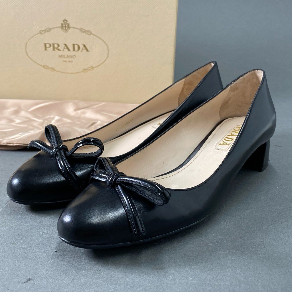 5e18 【美品】 イタリア製 PRADA プラダ CALZATURE DONNA リボン付き レザーパンプス チャンキーヒール 37 ブラック レディース 靴