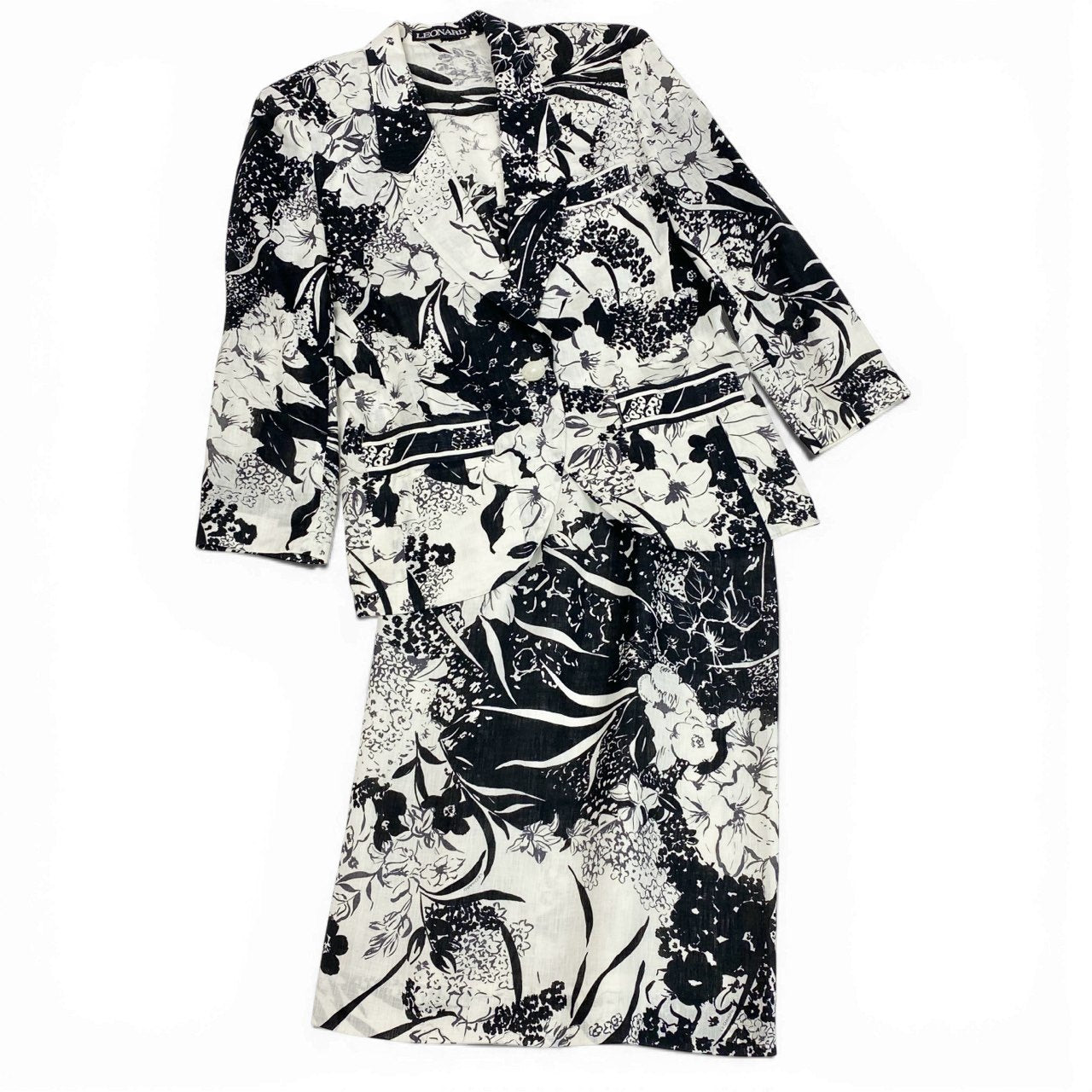 4b4 LEONARD レオナール スカートセットアップ ジャケット タイトスカート 花柄 9ARサイズ ホワイト ブラック リネン100％ レディース 女性用o07t