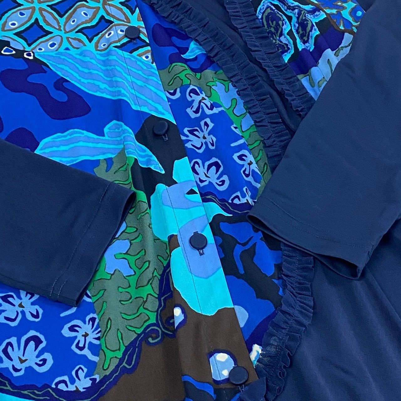 38k26 《美品》 TOKUKO 1er VOL トクコプルミエヴォル 長袖ワンピース シャツワンピース チュニック 前開き 総柄プリント 9 ブルー レディースu02t