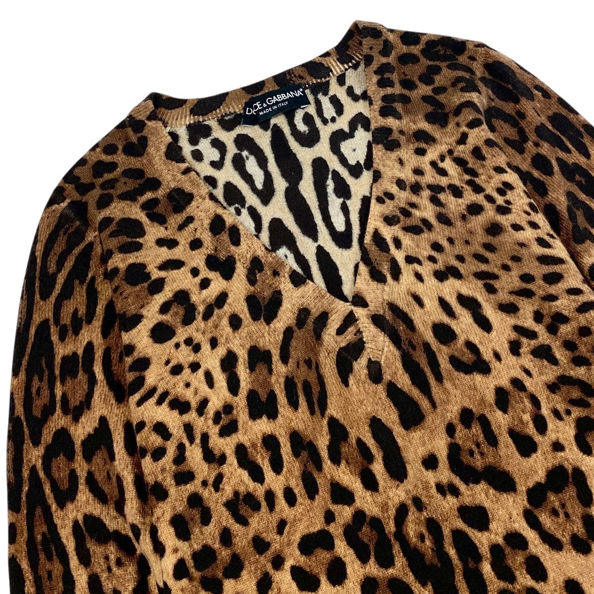 32f11 DOLCE&GABBANA ドルチェアンドガッバーナ レオパード柄 カシミヤニット Vネックセーター サイズ38 ブラウン ベージュ系 カシミア100％ レディース 女性用u02t