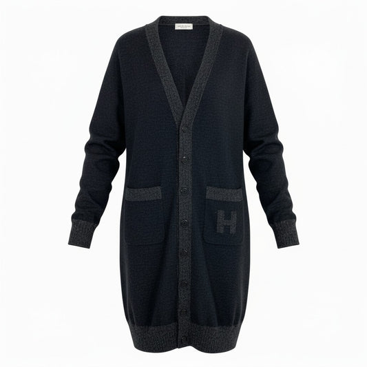 34a27【美品】HERMES エルメス ニットカーディガン ロングカーディガン Vネック Hロゴ イタリア製 38サイズ グレー レディース 女性用o07t