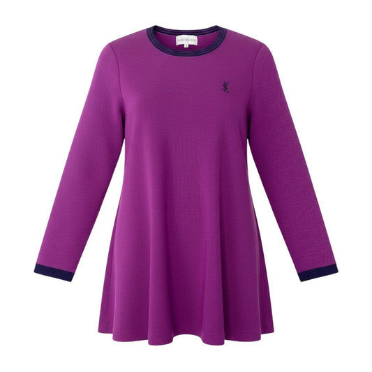 29f15 YVES SAINT LAURENT イヴサンローラン YSLロゴ フレアニットセーター チュニック丈 バイカラー サイズL パープル ネイビー ウール100％ レディース女性用u02t