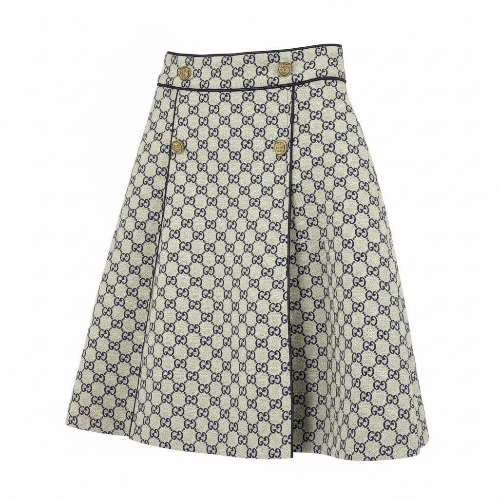 Ia15 GUCCI グッチ レザーパイピング ジャガード GGキャンバス Aラインスカート サイズ42 グレー系 レディースk02i