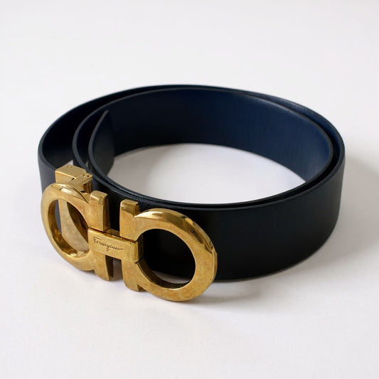 a6【美品】Salvatore Ferragamo サルヴァトーレフェラガモ ガンチーニバックル ベルト リバーシブルベルト イタリア製 ブラック ネイビー レザー 本革 レディースk02i