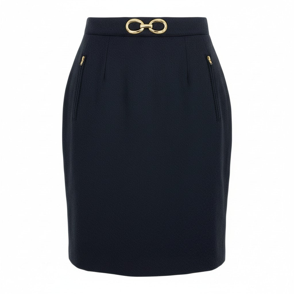Ei20 Christian Dior クリスチャンディオール ゴールド金具 スカート ボトムス 膝丈 Lサイズ ネイビー ウール レディースo07t