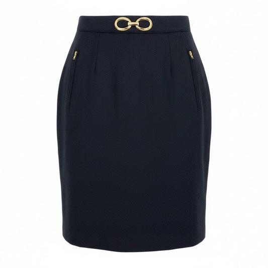 Ei20 Christian Dior クリスチャンディオール ゴールド金具 スカート ボトムス 膝丈 Lサイズ ネイビー ウール レディースo07t
