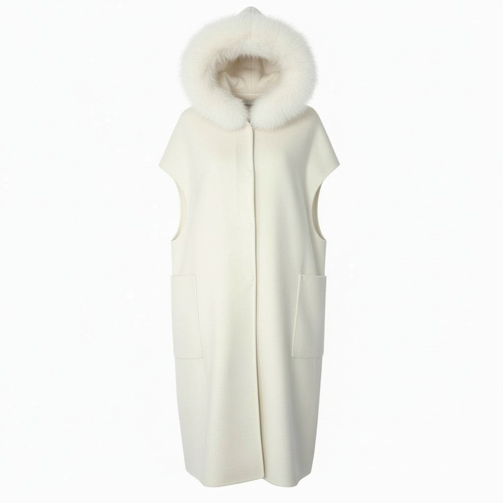 82a15 AVA ADORE アヴァ アドーア ロングジレ ウールコート フーディ フォックスファー レディース 女性用 free ホワイト ウール100％u02t