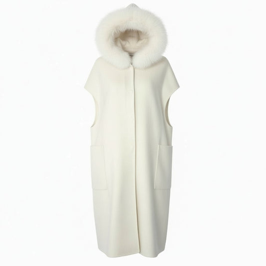 82a15 AVA ADORE アヴァ アドーア ロングジレ ウールコート フーディ フォックスファー レディース 女性用 free ホワイト ウール100％u02t