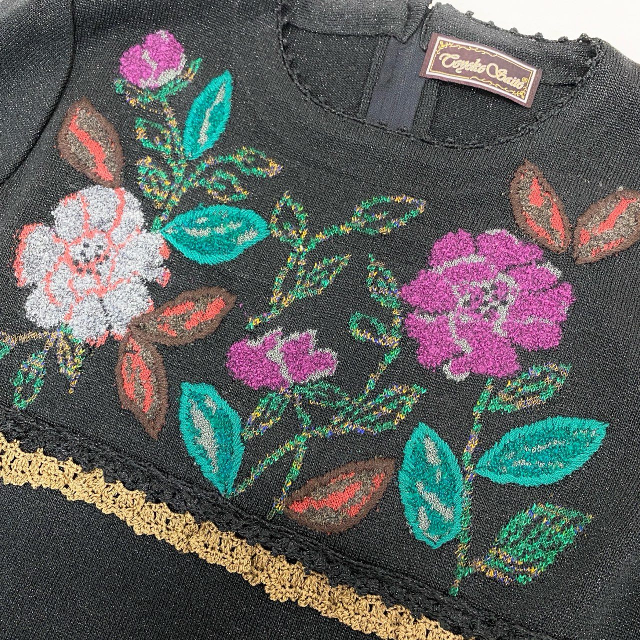 14j10 《美品》TOYOKO SAITO サイトウトヨコ 斎藤都世子 ニットセットアップ パンツセットアップ 花柄刺繍 ラメ ブラック レディースo07t