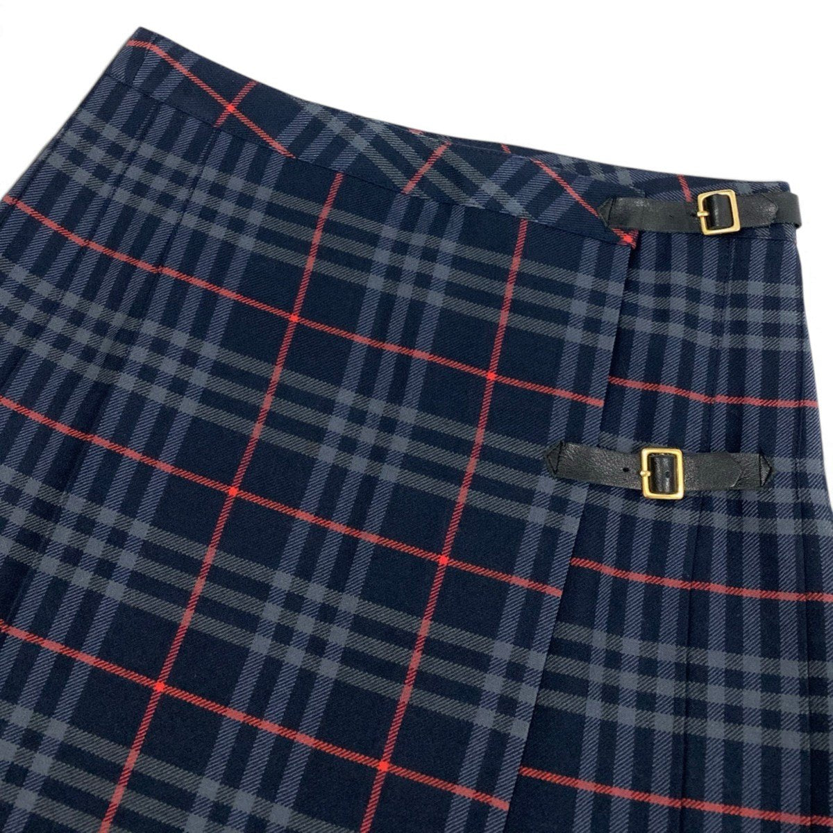 Ij15 Burberrys バーバリーズ チェック柄 レザーベルト ラップスカート サイズ6 ネイビー ウール100％ レディースo07t